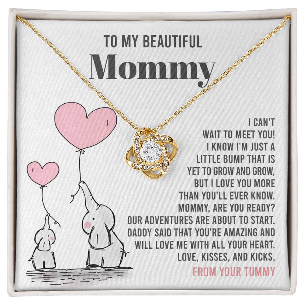 A To Mama To Be, All Your Heart - Love Knot Necklace with a heart-shaped pendant presented on a card with a heartwarming message from an unborn child to their mother, serving as a personalized gift by ShineOn Fulfillment.
