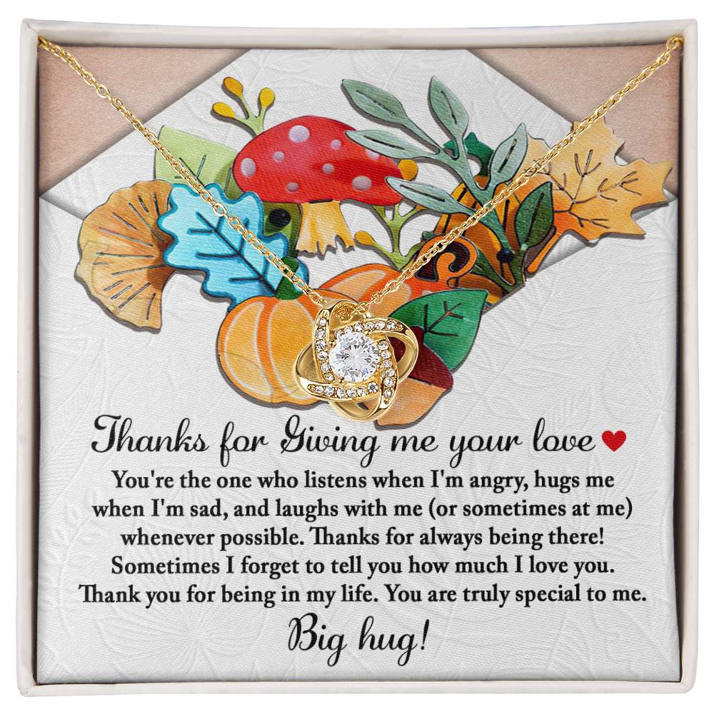 The Thanksgiving-Big Hug - Love Knot Necklace in a gold finish, adorned with a crystal pendant, is beautifully presented on a decorative card featuring autumn-themed illustrations and a heartfelt message.