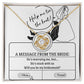 A To My Bridesmaid, Stuck With Us - Love Knot Necklace rests on a card that reads, "Help me tie the knot! A message from the bride: He's marrying me, but... He's stuck with us. Will you be my bridesmaid?