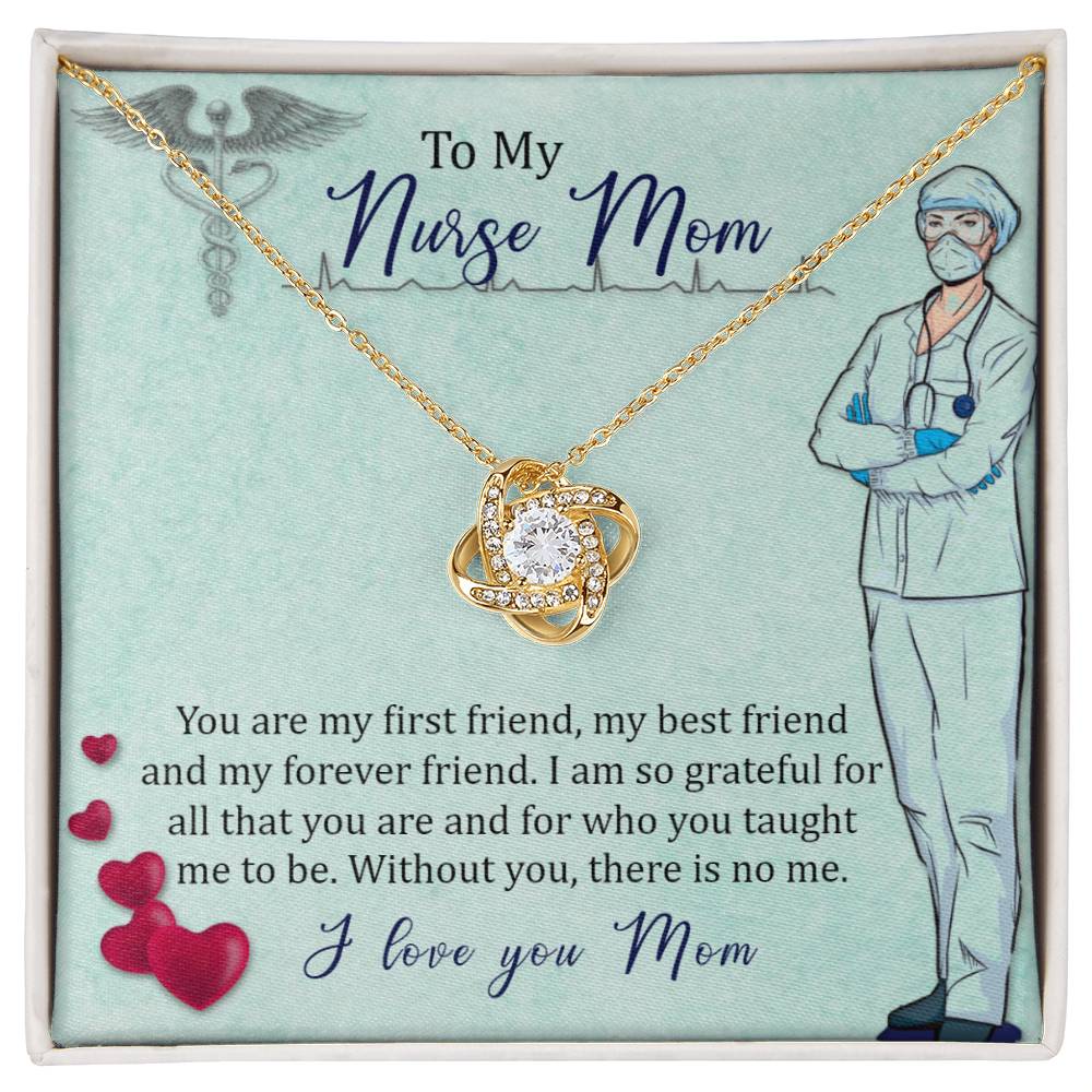 A heart-shaped gold pendant necklace displayed on a fabric with an illustrated nurse and a sentimental message addressed to a "nurse mom," enhanced with sparkling cubic zirconia crystals from ShineOn Fulfillment.