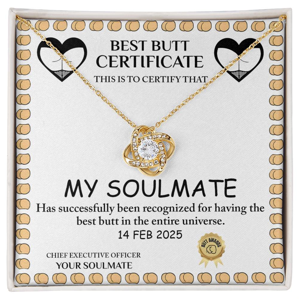 The Love Certificate-Best Butt - Love Knot Necklace features dazzling cubic zirconia crystals in a box labeled "Best Butt Certificate," with a humorous award for "My Soulmate" claiming the universe's best butt, dated February 14, 2025—ideal for a loved one.