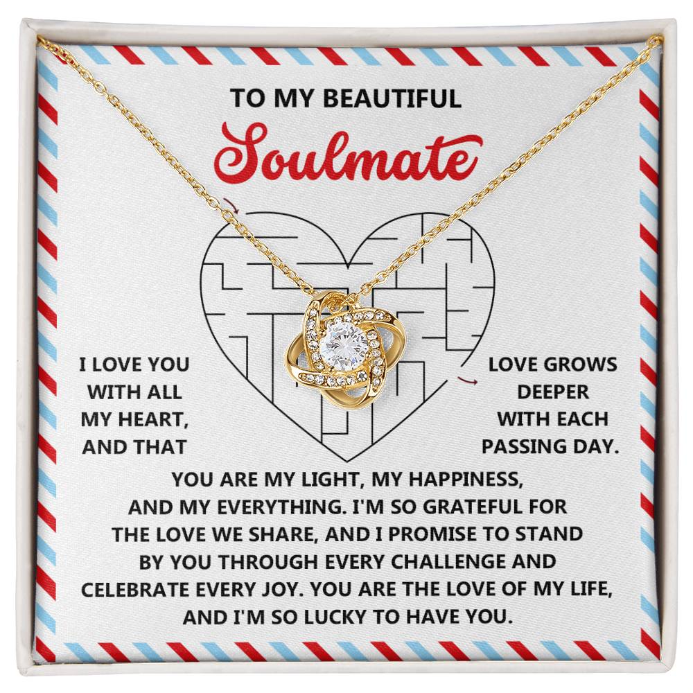 The Soulmate-To Have You - Love Knot Necklace, embellished with sparkling cubic zirconia crystals, is presented on a card reading: "To my beautiful soulmate," along with a heartfelt love message, making it an ideal personalized gift for your beloved.