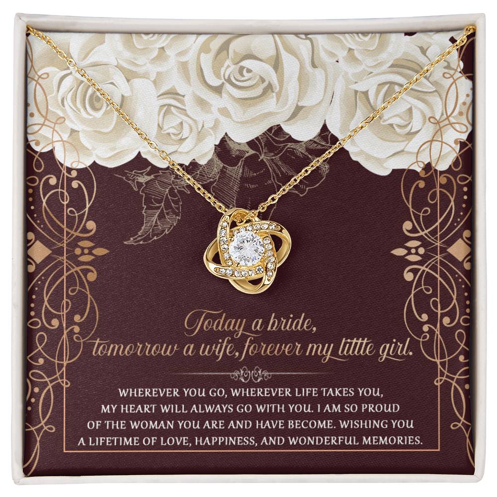 The "To Daughter, Wedding Wonderful Memories - Love Knot Necklace," featuring a white gold finish and embedded cubic zirconia gems, is displayed in a box with a floral background and an inscribed sentimental message for the bride.