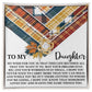 A Love Knot Necklace featuring a heart-shaped pendant adorned with Cubic Zirconia Crystals on a plaid background. Text reads: "To My Daughter, My wish for you is that this life becomes all that you want it to." and continues with a heartfelt message.