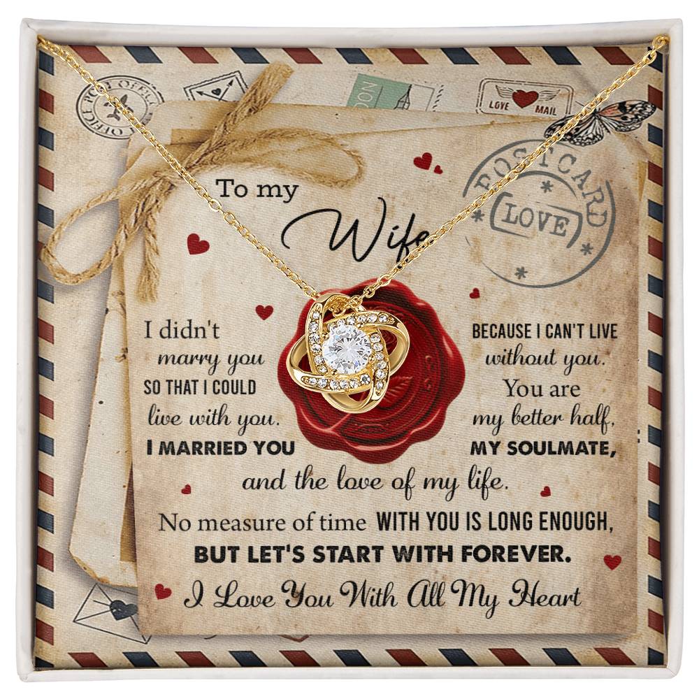 A "To Wife, Marry You - Love Knot Necklace" with an interlocking rings pendant, adorned with cubic zirconia crystals, displayed in a box featuring the background design of a love letter. The letter includes heartfelt messages for a wife, expressing love and commitment—a perfect personalized gift.