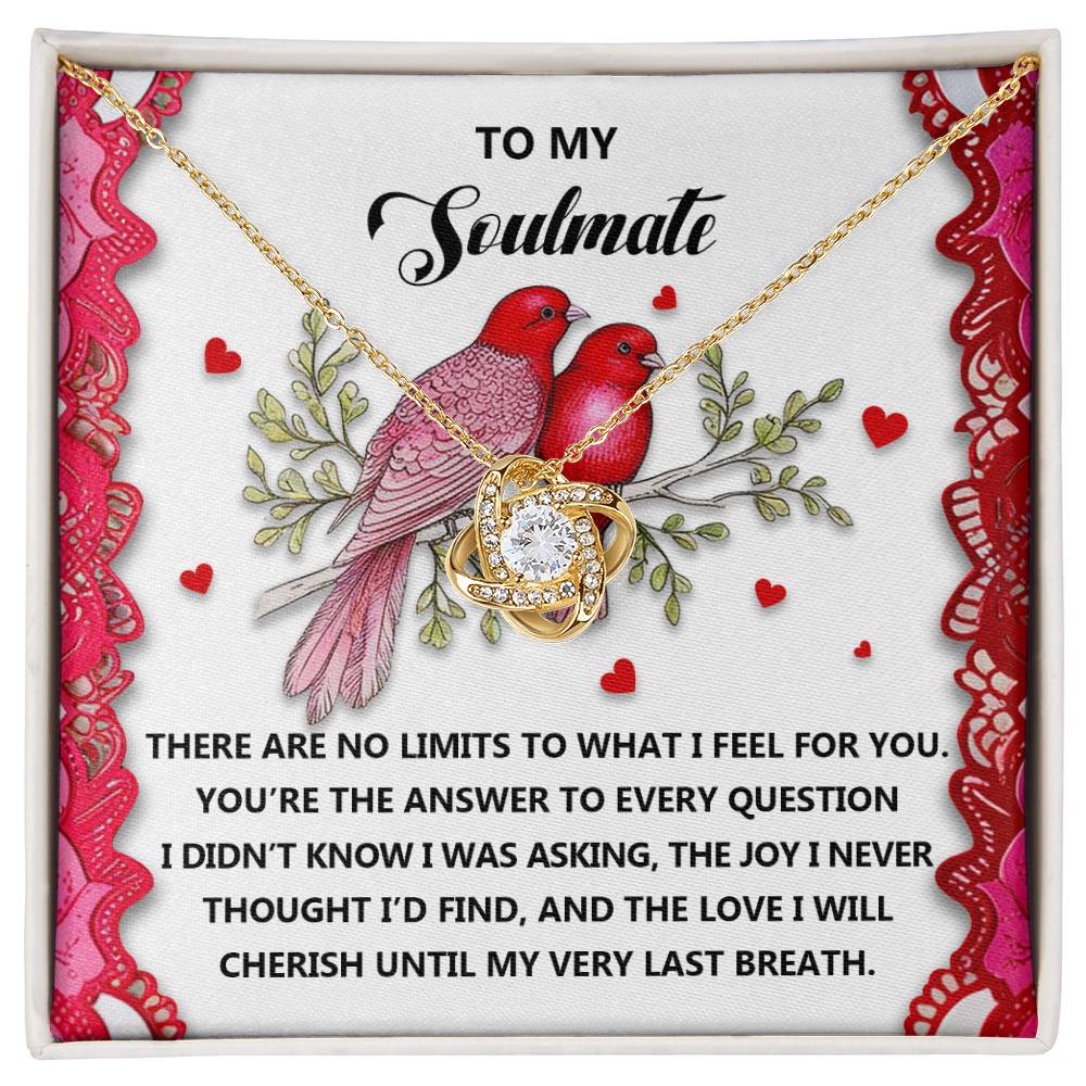 The Soulmate-Feel For You Love Knot Necklace features a gold heart and cubic zirconia crystals, set against a card with two red birds and a heartfelt message, making it the ideal personalized gift to express your love.