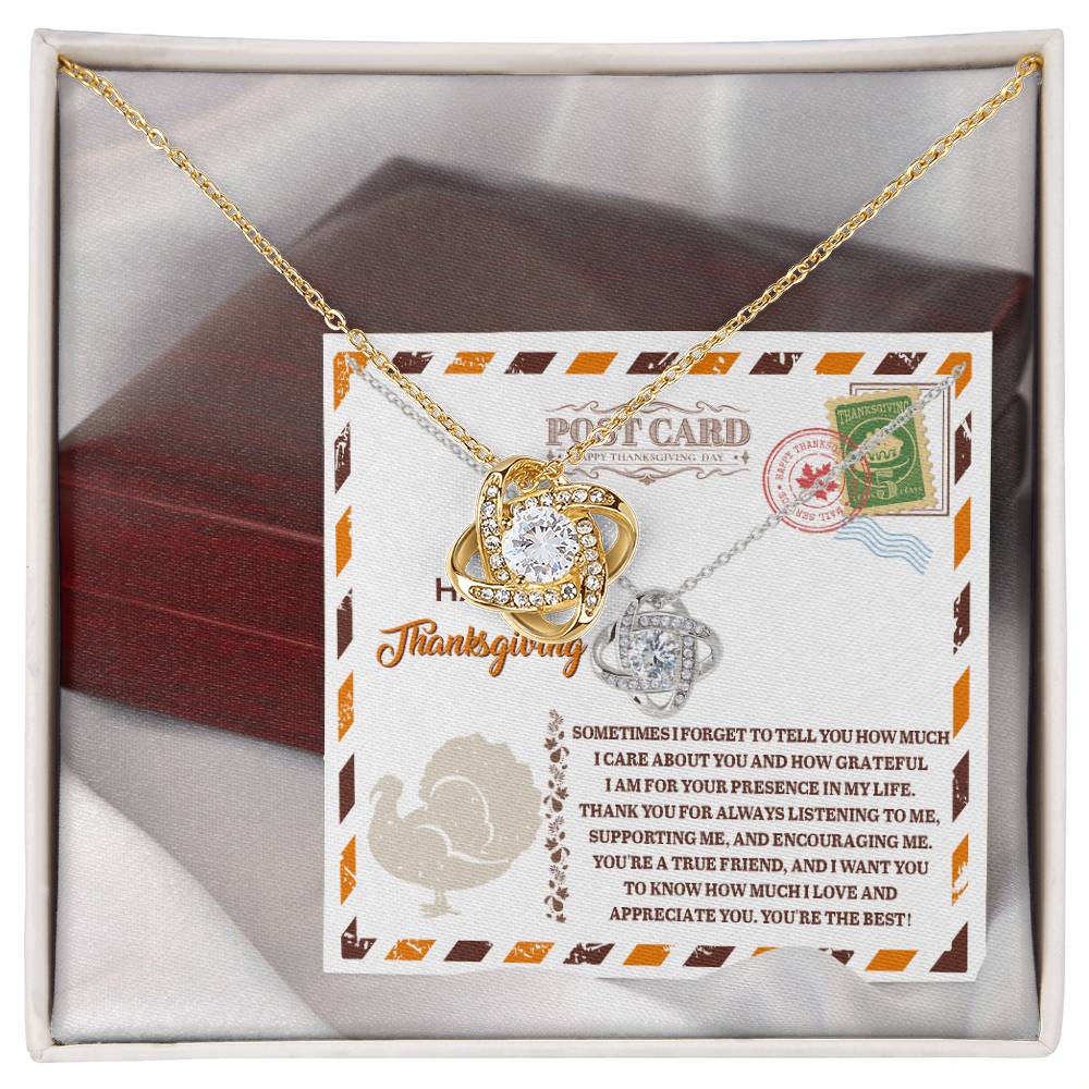 The Thanksgiving-A True Friend - Love Knot Necklace showcases interlocking hearts embellished with shimmering cubic zirconia crystals and is beautifully presented on a Thanksgiving-themed card with a heartfelt message. This personalized gift comes complete with elegant box and stamp designs, making it an ideal way to express appreciation to your loved ones.