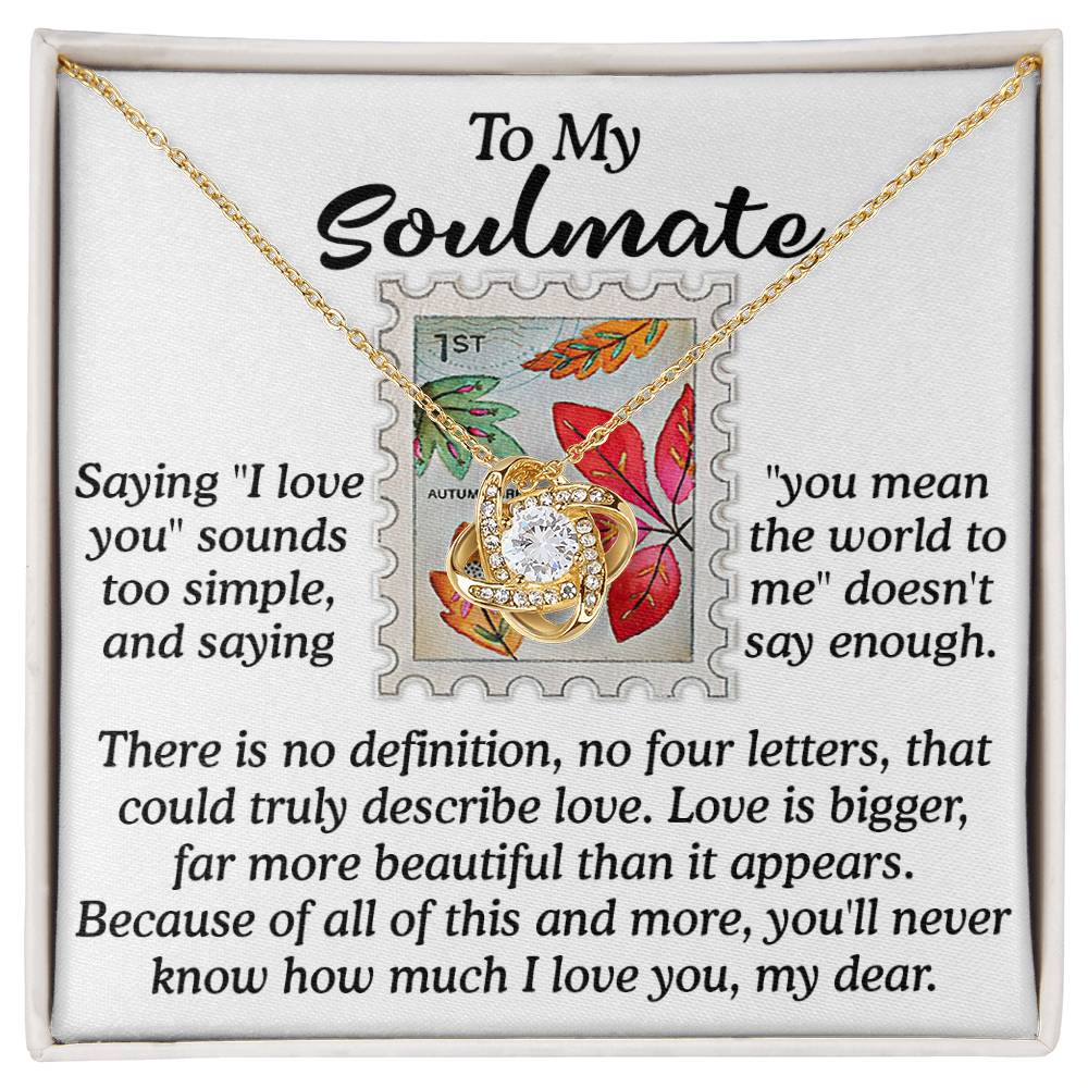 The Soulmate-Far More Beautiful - Love Knot Necklace features intertwined rings with a gold finish, adorned with sparkling cubic zirconia crystals, and is presented on a card with a romantic message about love and soulmates.