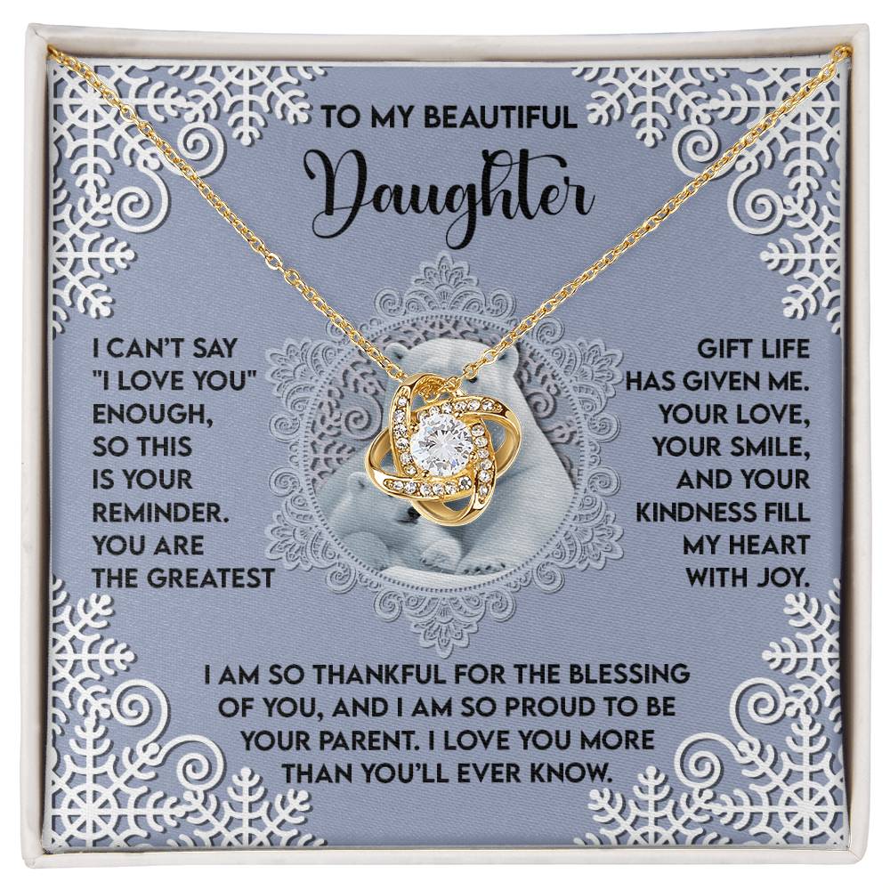 Presented on a card expressing a heartfelt message to a daughter, the Daughter-Fill My Heart - Love Knot Necklace dazzles with the brilliance of cubic zirconia and is framed within a decorative border. This personalized gift beautifully symbolizes your everlasting love.