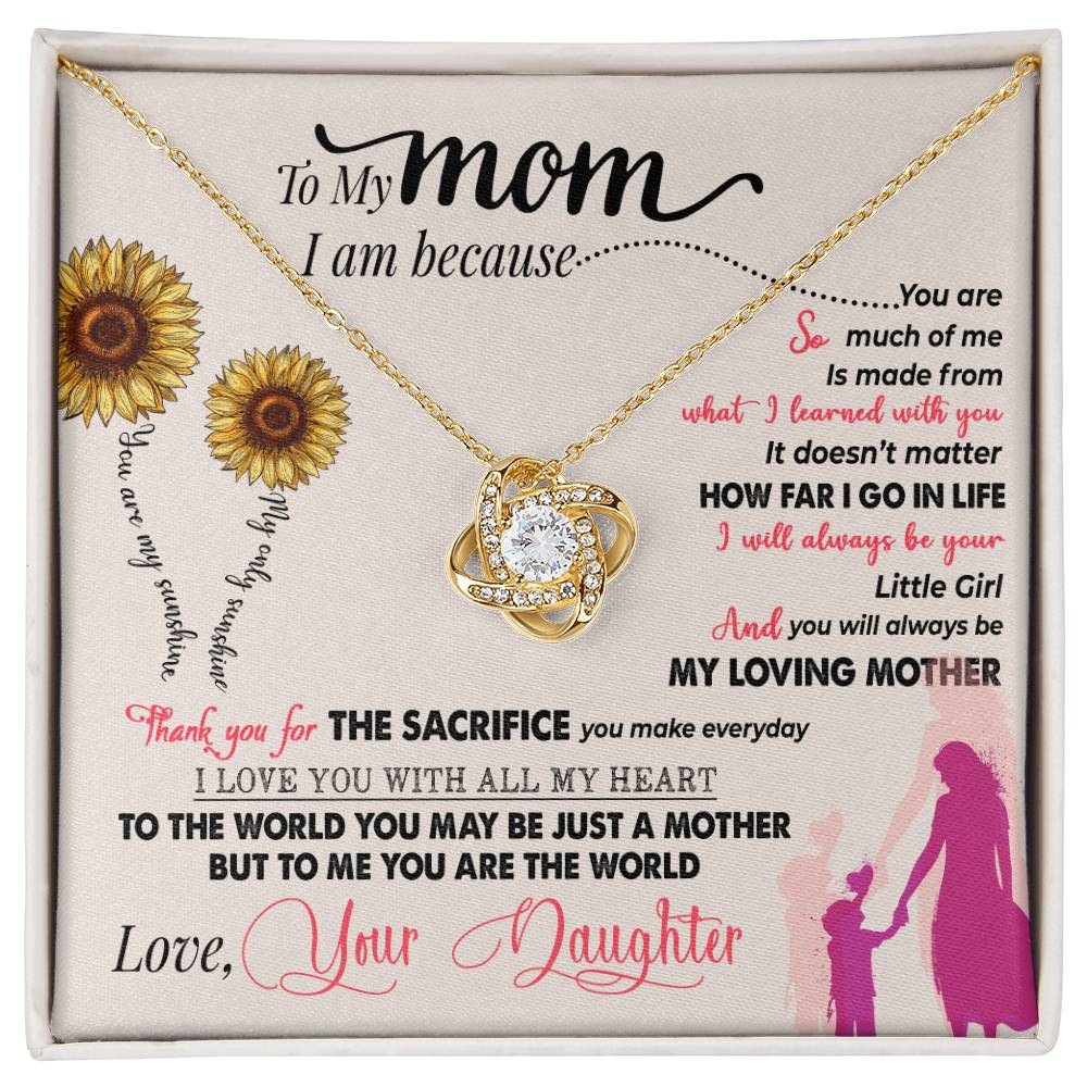 A sentimental To My Mom, Thank You For Everything Love Knot Necklace gift with an accompanying printed message expressing love and gratitude from a daughter to her mother, from ShineOn Fulfillment.