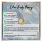 The "Sorry, Make A Mistake - Love Knot Necklace" adorned with cubic zirconia crystals, placed over a background card that reads "I Am Truly Sorry" and includes a series of apology text messages, is the perfect personalized gift for heartfelt apologies.
