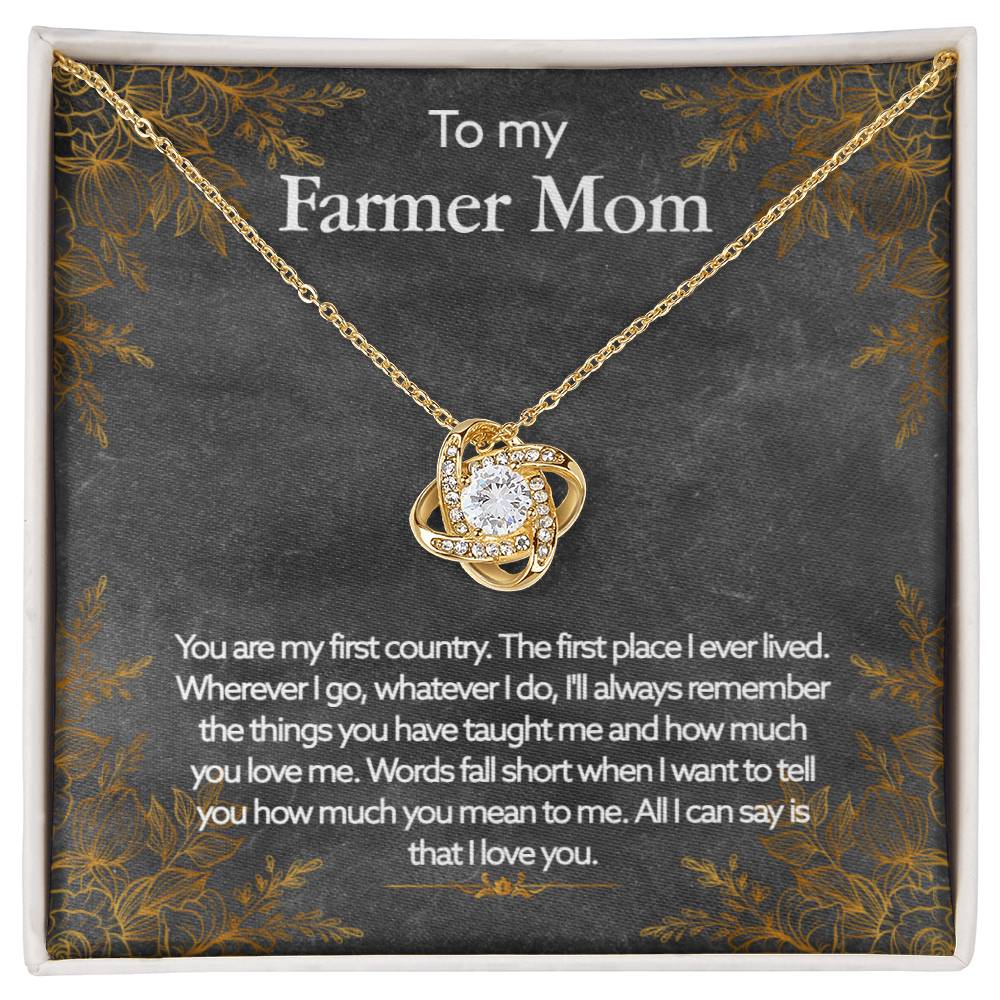 A gift box with a sentimental message for a "farmer mom" containing a To My Farmer Mom, You Are My First Country - Love Knot Necklace necklace with an 18k Yellow Gold pendant shaped like a chicken. (Brand: ShineOn Fulfillment)