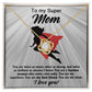 The "Mom-A Fearless Woman - Love Knot Necklace" features a gold pendant with a cubic zirconia crystal, elegantly placed on a card depicting a woman in a cape. The card reads: "To my Super Mom... You are twice as smart, twice as strong... I love you!"—an ideal personalized gift.