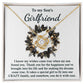 The Son's Girlfriend - Found You - Love Knot Necklace, featuring a heart-shaped pendant and presented on a card with the message "To my Son's Girlfriend," expresses gratitude and acceptance, making it an excellent personalized gift.