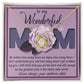 A stunning "To Mom, The Greatest Mom - Love Knot Necklace" rests delicately on a greeting card that reads "To my Wonderful Mom" and features a heartfelt message beneath it.