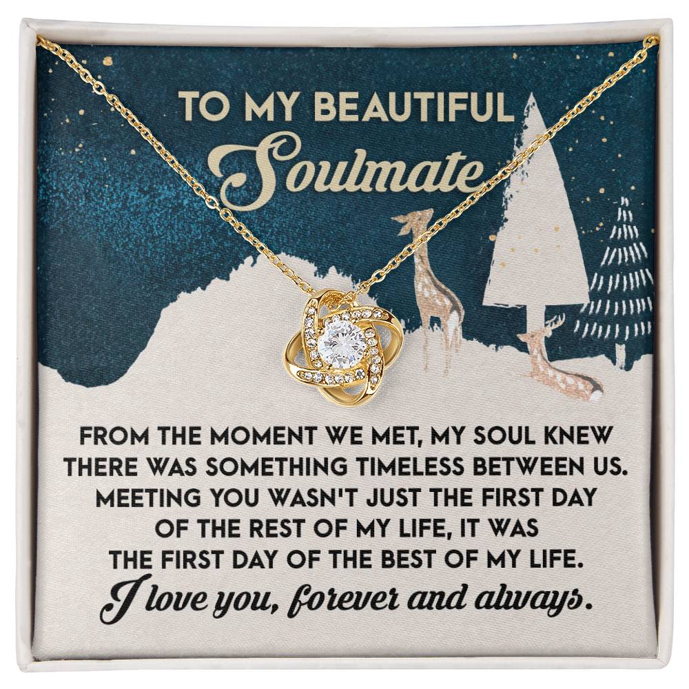 The Soulmate - Between Us - Love Knot Necklace boasts a gold chain adorned with a striking cubic zirconia crystal centerpiece, beautifully displayed on a card featuring a heartfelt message to your soulmate. This personalized gift encapsulates the essence of lasting love and treasured memories.