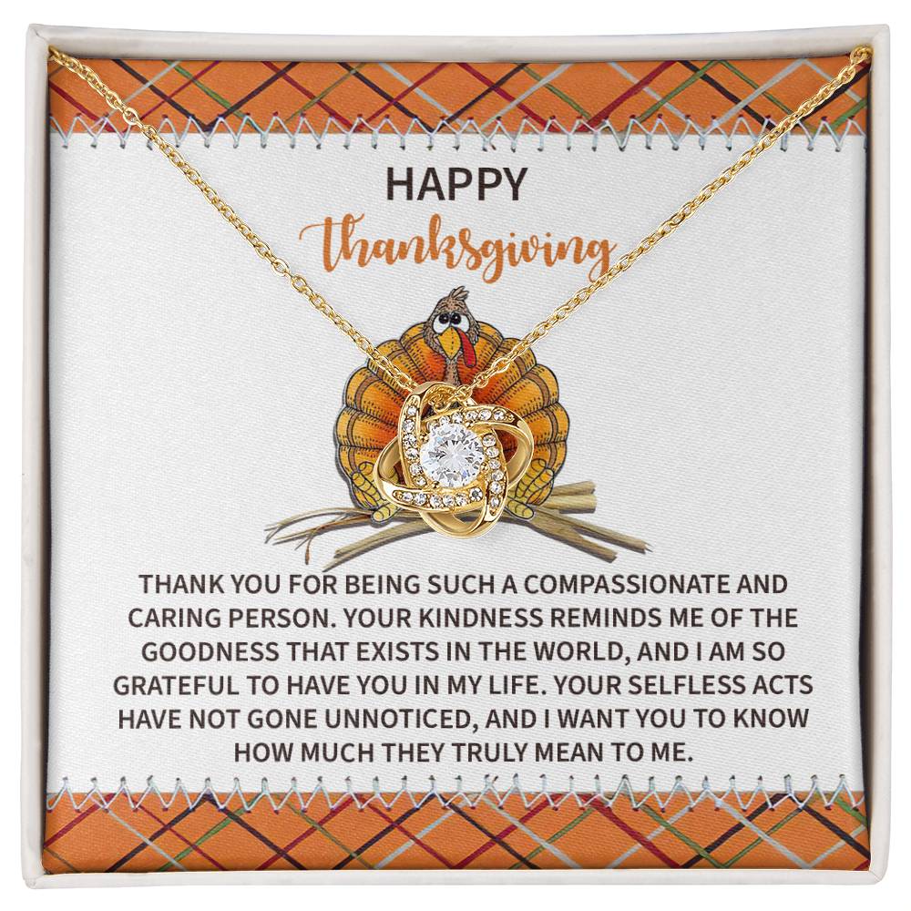 The Thanksgiving-In My Life - Love Knot Necklace gracefully lies on a Thanksgiving-themed card, embellished with Cubic Zirconia Crystals, conveying a sincere message of gratitude and appreciation.