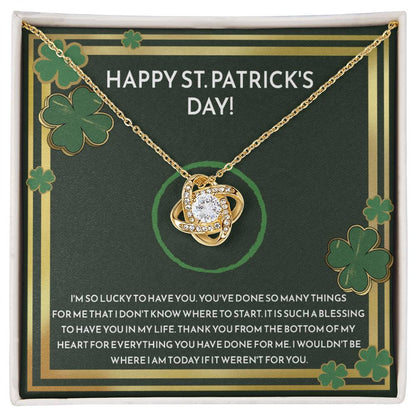 A Happy St. Patrick Day, I'm So Lucky - Love Knot Necklace with a cubic zirconia pendant in a box by ShineOn Fulfillment.