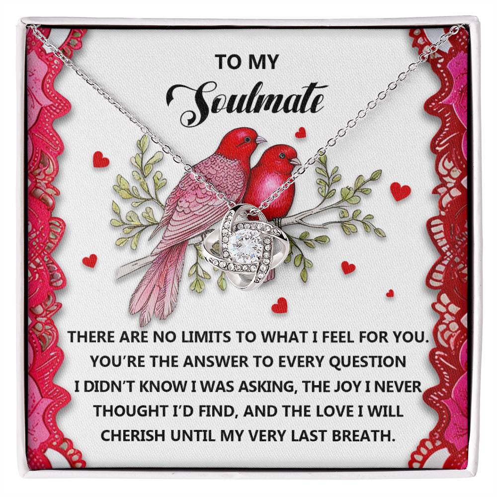 The Soulmate-Feel For You Love Knot Necklace, adorned with heart and arrow charms, is elegantly displayed on a card with two red birds and a romantic message, symbolizing an unbreakable bond with your soulmate.