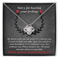 The "Sorry-Make Amends - Love Knot Necklace," featuring an intricate silver pendant adorned with cubic zirconia crystals, is displayed on a fabric background. At the top, "Sorry for hurting your feelings" is written, followed by an apology note in white text.