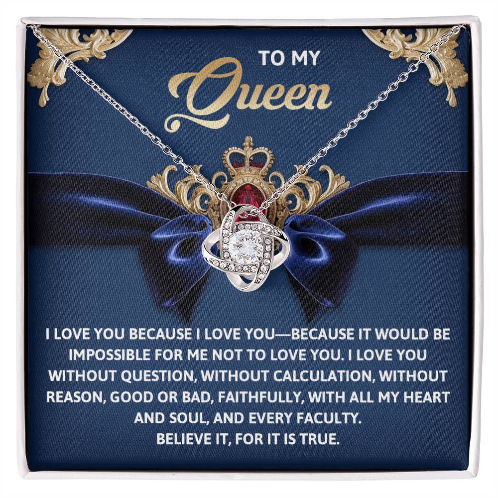 The Queen-Every Faculty Love Knot Necklace, a personalized gift featuring a diamond heart pendant, comes in a box with "To My Queen" and a heartfelt message, symbolizing an enduring bond as brilliant as cubic zirconia against a blue velvet background.