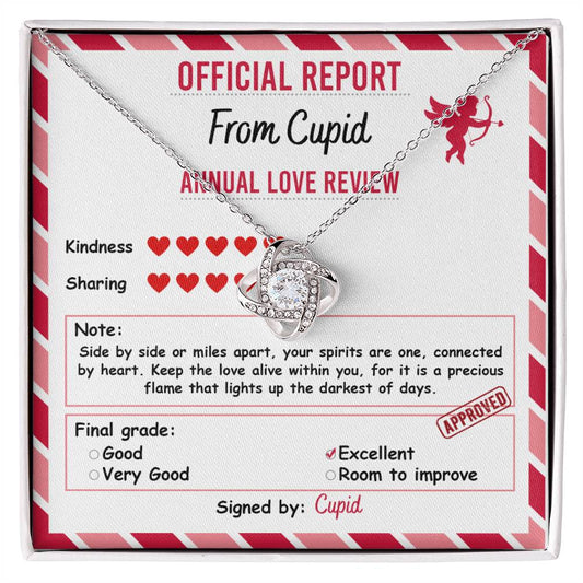 This personalized Soulmate-Official Report Love Knot Necklace showcases a heart-shaped pendant with cubic zirconia crystals. Elegantly presented on a mock "Cupid Report" card, it includes love ratings for kindness and sharing, concluding with an "Excellent" grade.