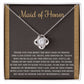 The "To Maid of Honor, Kind Of Friend - Love Knot Necklace" features an intertwined knot design adorned with cubic zirconia crystals on a background that reads "Maid of Honor," followed by a heartfelt thank you message to the maid of honor.