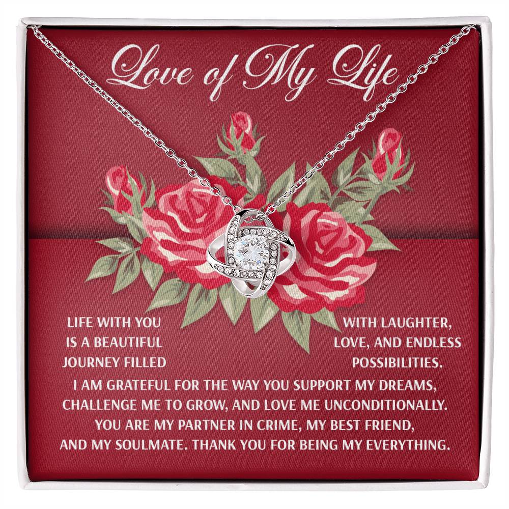 Soulmate-Endless Possibilities - Love Knot Necklace: A stunning silver piece featuring interlocking loops with cubic zirconia crystals, presented on a red rose background. It's a true expression of love and gratitude.