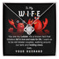 To Wife, Old Lobster Couples - Love Knot Necklace with a heart pendant displayed on a card featuring two cartoon lobsters and a message to a wife, discussing lifelong lobster mates and expressing love from a husband. The necklace sparkles with cubic zirconia crystals, symbolizing the unbreakable bond of your love.