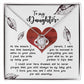 The Daughter-On Your Face - Love Knot Necklace, featuring an intertwined design embellished with cubic zirconia crystals, is beautifully presented in a box with a heartfelt message to your daughter, surrounded by leaf illustrations and set against a musical note background.