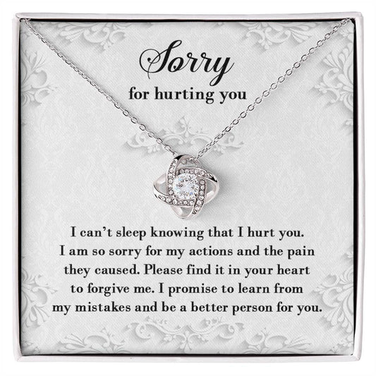 Introducing the Sorry-Can’t Sleep - Love Knot Necklace, which features a stunning cubic pendant and comes with a heartfelt apology message: "Sorry for hurting you. I am so sorry for my actions and the pain they caused. Please find it in your heart to forgive me." The cubic zirconia crystals symbolize an unbreakable bond between us.