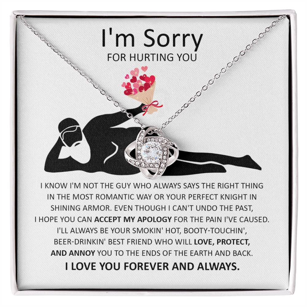 The "Sorry-The Most Romantic - Love Knot Necklace" showcases a heart and knot pendant elegantly presented on a card with an apology message, conveying regret for causing pain and expressing a heartfelt commitment to love, protect, and always be with the recipient. This necklace embodies an unbreakable bond, holding profound significance for both the giver and receiver.