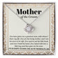 A "To Mother-In-Law, To Have You - Love Knot Necklace" with a heart-shaped pendant adorned with cubic zirconia crystals on a card labeled "Mother of the Groom" with a loving message expressing gratitude from the groom.