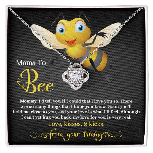To Mom To Be, Hope You Know - Love Knot Necklace with a heart-shaped cubic zirconia pendant displayed on a black box with a message for a mother from an unborn child and a cartoon bee graphic by ShineOn Fulfillment.