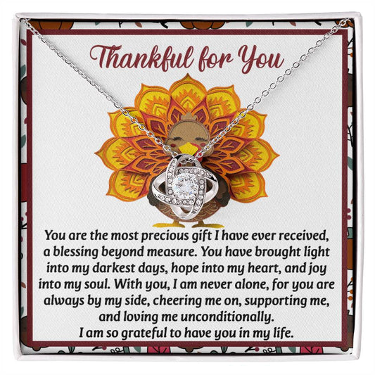 The Thanksgiving-Into My Heart - Love Knot Necklace showcases a beautiful heart and infinity symbol pendant set against a floral background card, embellished with shimmering cubic zirconia crystals and a touching thank you message, symbolizing an unbreakable bond.