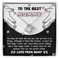 To Mom To Be, Two Worlds Collide - Love Knot Necklace: A silver necklace with a knot design adorned with cubic zirconia crystals in a gift box. It features a heartfelt message from an unborn child to their mother, expressing anticipation and love. The background showcases hands forming a heart, symbolizing their unbreakable bond.