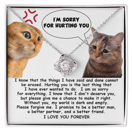 The Sorry-Make It Right - Love Knot Necklace showcases a heartfelt note adorned with two cats, one angry and the other sad. The note conveys remorse with the message, "I'm sorry for hurting you," alongside a promise to improve. Enhanced by cubic zirconia crystals and personalized for an intimate touch, it reads "I LOVE YOU FOREVER.