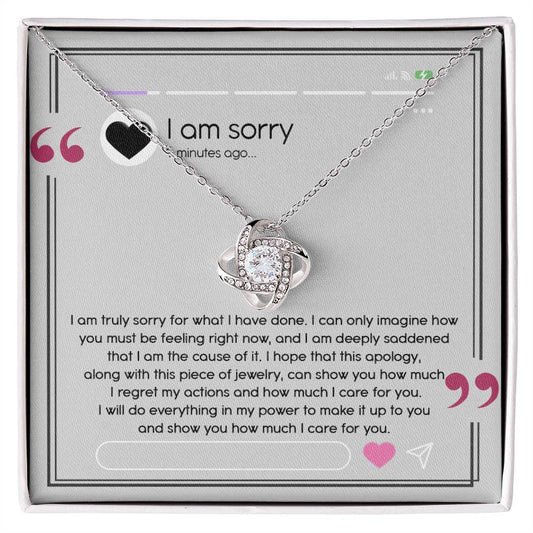 Introducing the "Sorry-Care For You - Love Knot Necklace," elegantly finished in white gold and adorned with sparkling cubic zirconia crystals. Accompanied by a heartfelt note expressing sincere apologies and deep regret, this gift beautifully signifies the sender's care and commitment to making amends.