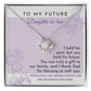 To Daughter-in-law, A Gift - Love Knot Necklace with an intertwined pendant, set against a card reading "To My Future Daughter-in-law," and an appreciation message expressing gratitude and blessings for the future. Decorated with shimmering cubic zirconia, this piece is a glowing testament to your welcome into the family.