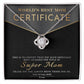 The Mom-Best Mom Certificate - Love Knot Necklace features shimmering cubic zirconia crystals and comes with a certificate that reads, "World's Best Mom Certificate. This personalized gift awards you the title of Super Mom. Thank you for always being there for me.