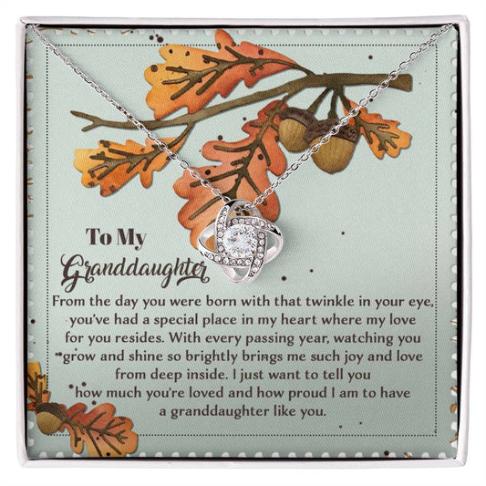 The Granddaughter-From Deep Inside Love Knot Necklace, embellished with cubic zirconia crystals, is a personalized gift elegantly presented on a decorative box. It includes a heartfelt message for your granddaughter, set amid a design of autumn leaves and acorns.