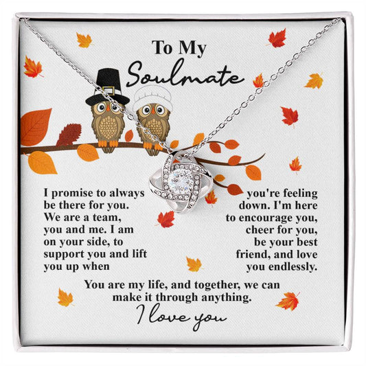 The "Soulmate-Love You Endlessly - Love Knot Necklace" features a knot pendant elegantly displayed on a card that reads "To My Soulmate," adorned with an illustration of an owl couple, autumn leaves, and a heartfelt message about love and support. The pendant is meticulously crafted from 14k white gold and embellished with sparkling cubic zirconia crystals.