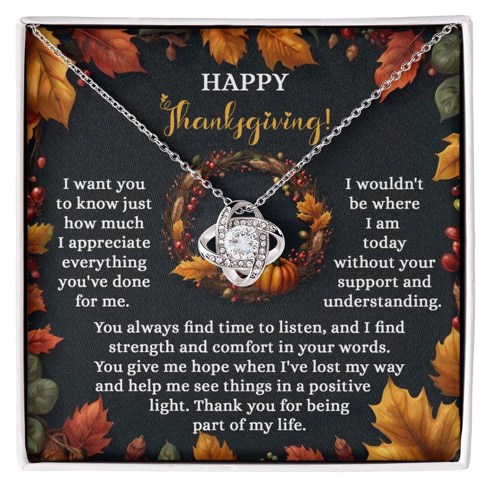 The Thanksgiving-Lost My Way - Love Knot Necklace, adorned with cubic zirconia crystals, is beautifully showcased on a Thanksgiving-themed card, accompanied by a heartfelt message of appreciation.