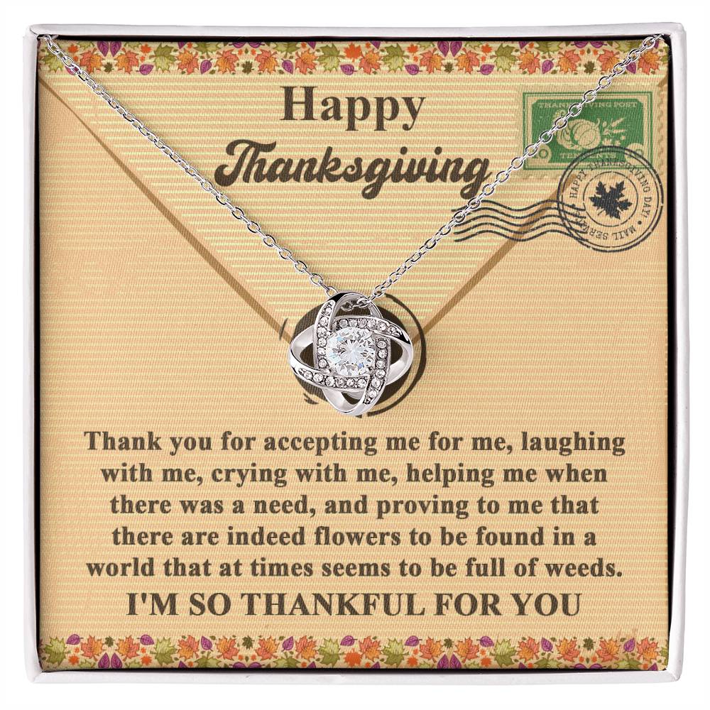 Introducing the Thanksgiving-Proving To Me - Love Knot Necklace, showcasing an elegant knot design on a chain. It is beautifully presented on a card adorned with a Thanksgiving message and decorative border. Choose from either a white gold or yellow gold finish, enhanced by sparkling cubic zirconia accents.