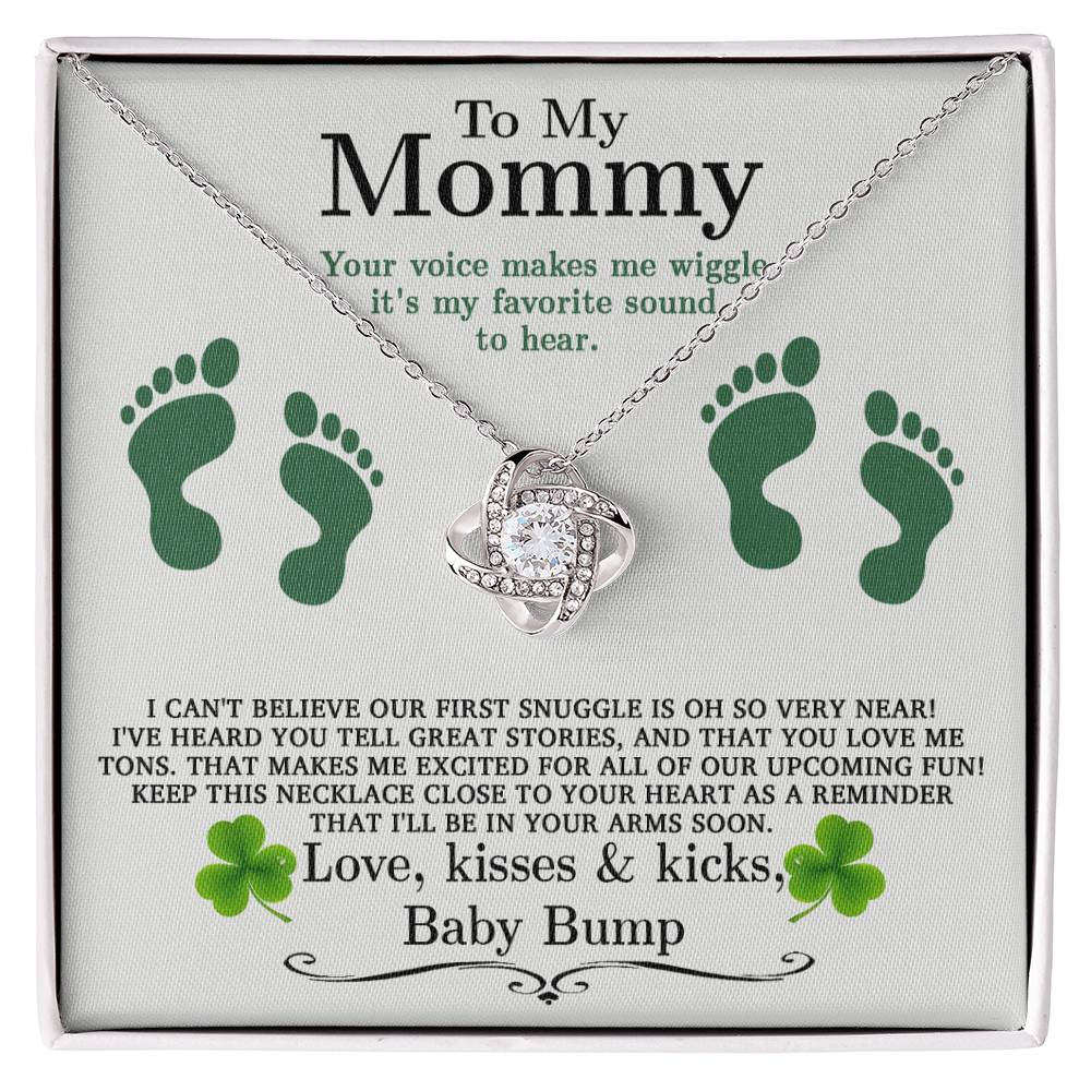 A To My Mommy, Great Stories - Love Knot Necklace with a shamrock and footprints personalized for my mommy from ShineOn Fulfillment.