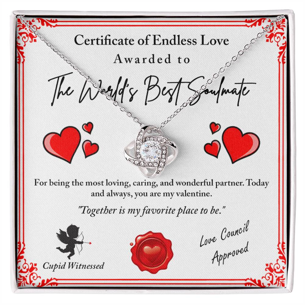 Gift a "Love Certificate-Cupid Witnessed" Love Knot Necklace in a charming box labeled "Certificate of Endless Love." This personalized piece features heart graphics and a shining silver necklace with cubic zirconia crystals, creating an unforgettable token of affection.