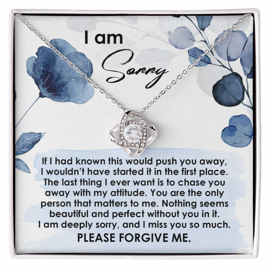 A stunning Love Knot Necklace, featuring a heart-shaped pendant adorned with cubic zirconia crystals, presented in an elegant box. The box includes an apology message expressing regret and asking for forgiveness, set against a backdrop of blue floral designs. This product is called "Sorry-Push You Away - Love Knot Necklace.