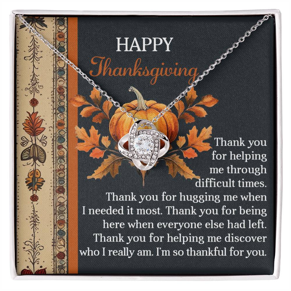 The Thanksgiving-I Really Am - Love Knot Necklace features a Celtic knot pendant embellished with shimmering cubic zirconia crystals and is beautifully displayed on a Thanksgiving-themed card. With its decorative embellishments, it conveys a heartfelt thank-you message, all elegantly crafted in a radiant white gold finish.