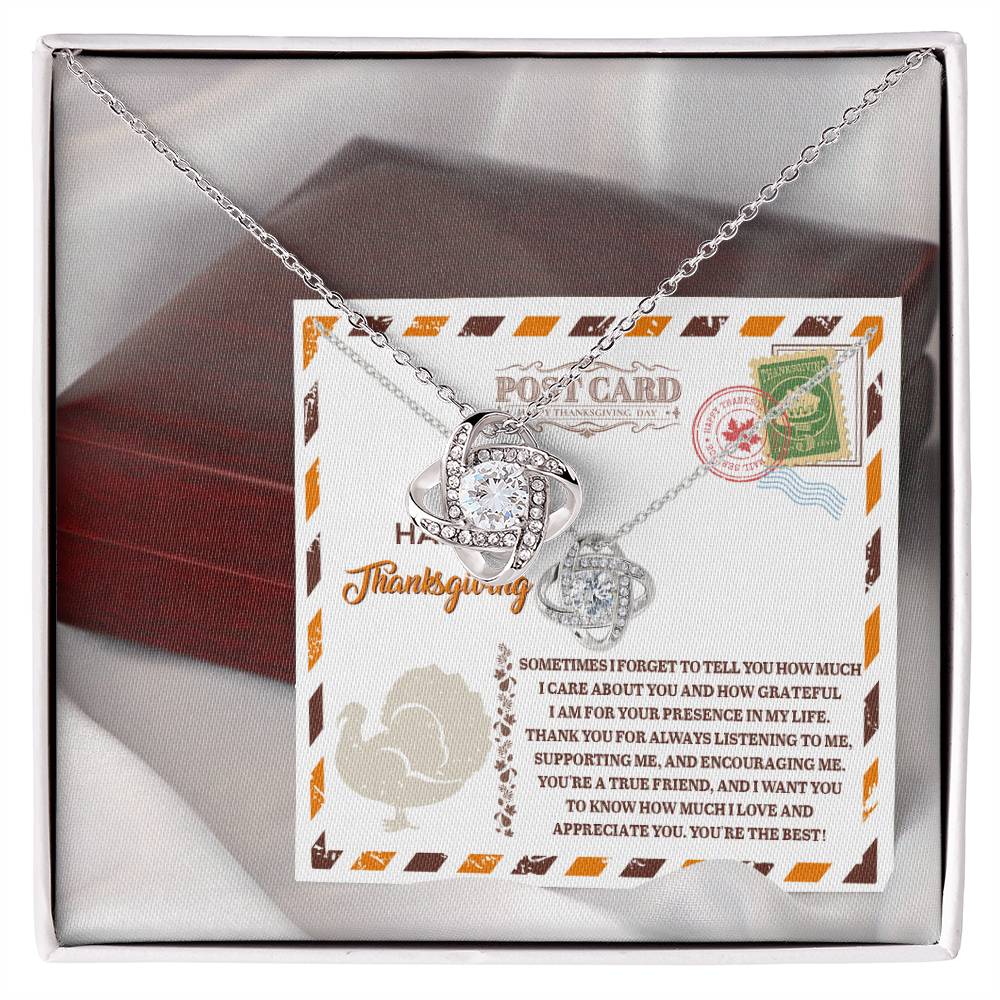 Thanksgiving-A True Friend - Love Knot Necklace with cubic zirconia crystals comes on a Thanksgiving-themed card, embellished with decorative elements and a heartfelt message of gratitude, making it an ideal personalized gift to express your appreciation.