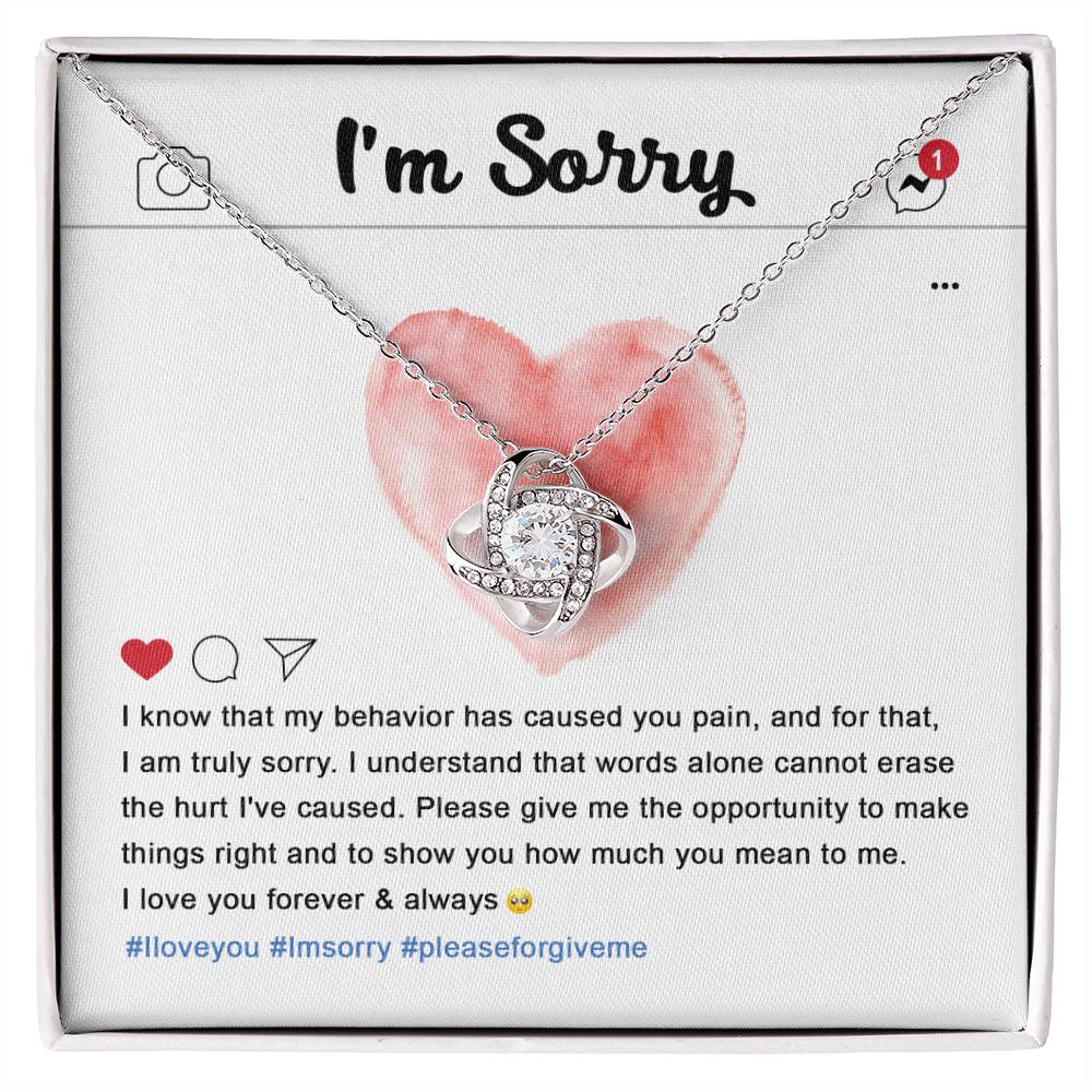 The Sorry-Cannot Erase - Love Knot Necklace, adorned with cubic zirconia crystals, sits on a card featuring an apology message, a pink heart illustration, and hashtags #Iloveyou, #Imsorry, and #pleaseforgiveme.